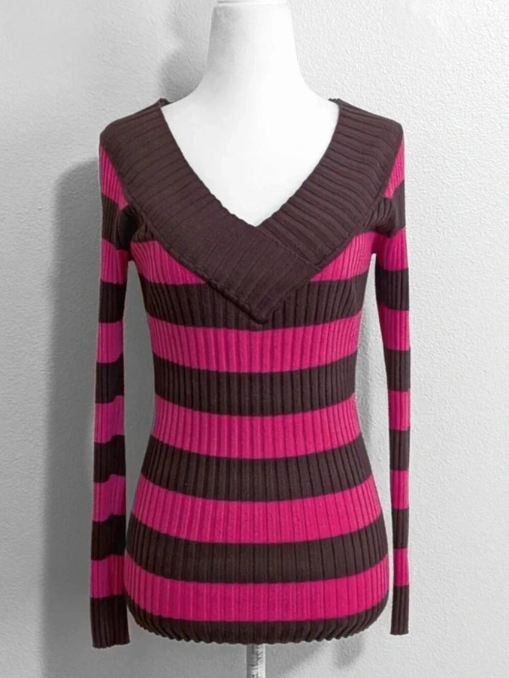Love by Design Pink & Brown Striped Ribbed Knit Long Sleeve Sweater Top